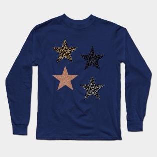 Leopard Print Stars Pack on Dark Blue Long Sleeve T-Shirt